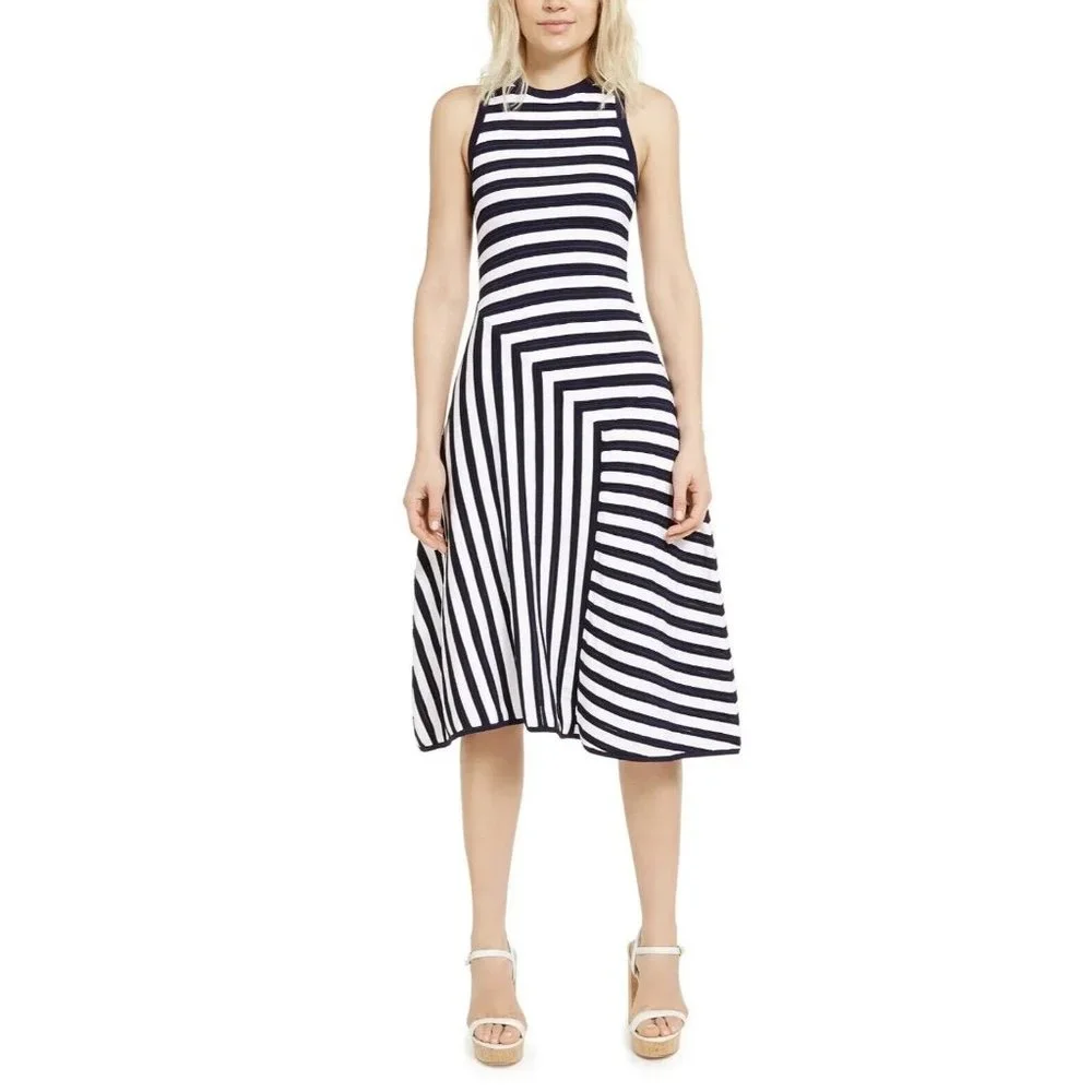 New Michael Michael Kors‎ True Navy White Mixed-Stripe Fit Flare Dress Sz L $225